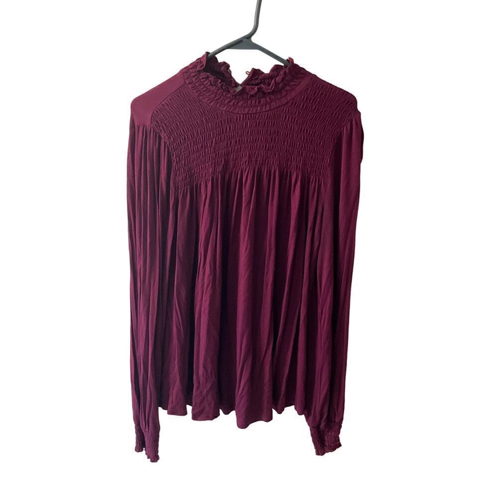 Cable & Gauge Blouse Top Women's Size L Burgundy Round Neck Long Sleeve Viscose